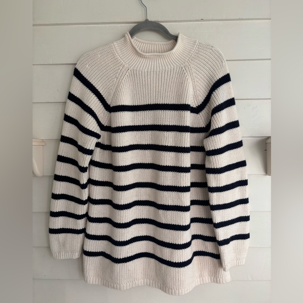 Talbots Cotton Shaker Roll Neck Striped Knit Sweater Navy and Ivory Size XL